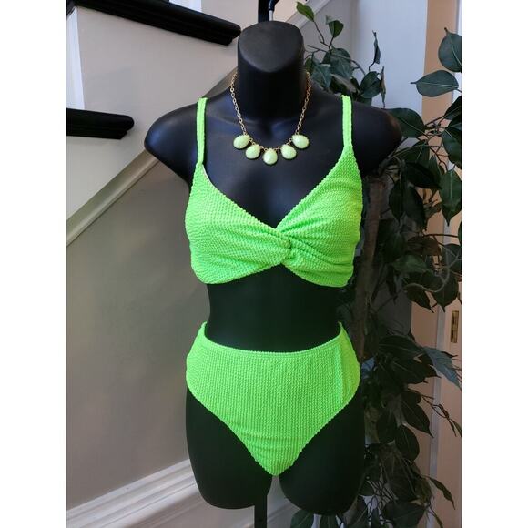Womens 2 Piece Swimsuit Large Green Crinkle Stretch Twist Front Adjustable Strap - Picture 2 of 7